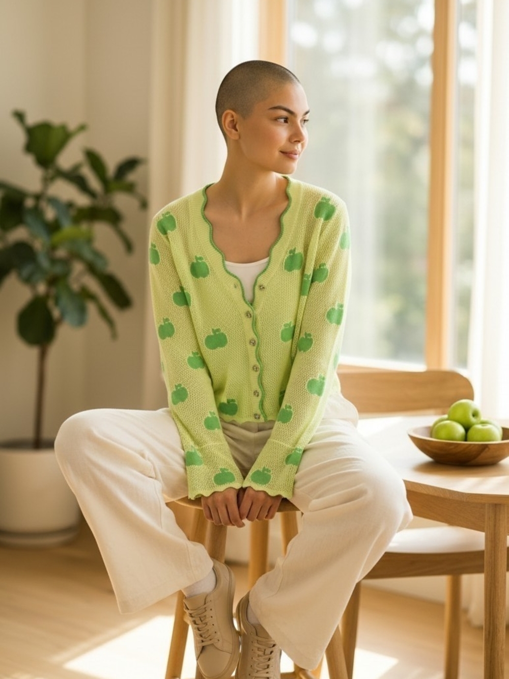 Green Apple Print Cardigan